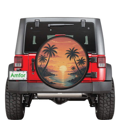 Beach Spare Tire Cover, Palm Trees Sunset Island Backup Camera Hole Rear Wheel Accessories Sun Tropical  Unique Trailer Camper RV Back Car
