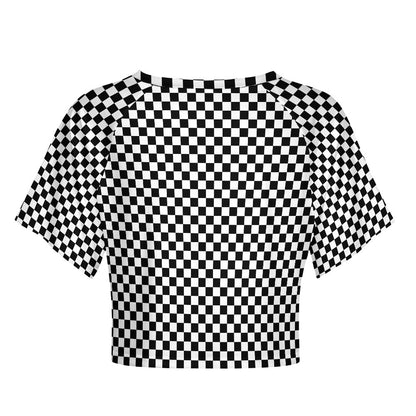 Checkered Crop Top Tshirt, Black White Check Belly Tee Women Adult Cute Aesthetic Graphic Crewneck Sexy Festival Y2K Ladies Cropped Shirt