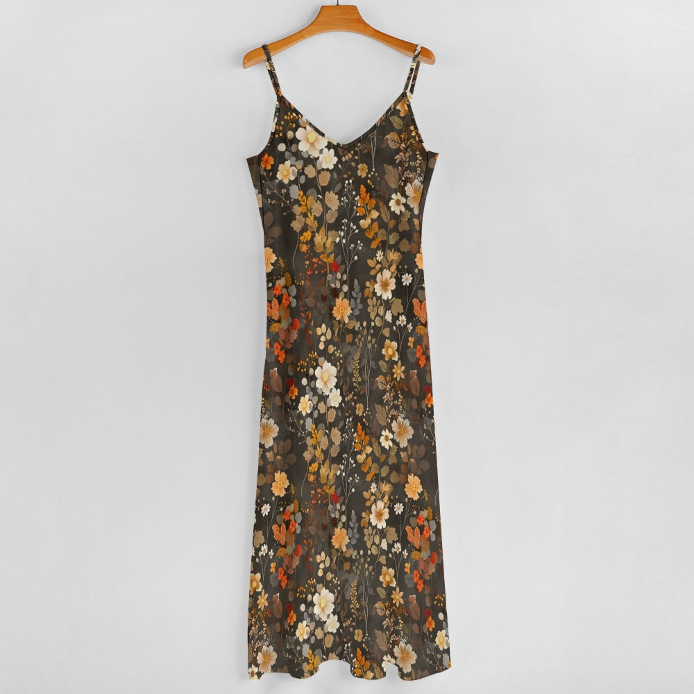 Floral Maxi Dress, Fall Brown Autumn Long Flowers Spaghetti Straps Women Sleeveless Casual Cute Designer Elegant Plus Size Cocktail Designer 5XL / Floral Maxi Dress, Fall Brown Autumn Long Flowers Spaghetti Straps Women Sleeveless Casual Cute Designer Elegant Plus Size Cocktail Designer 5XL /