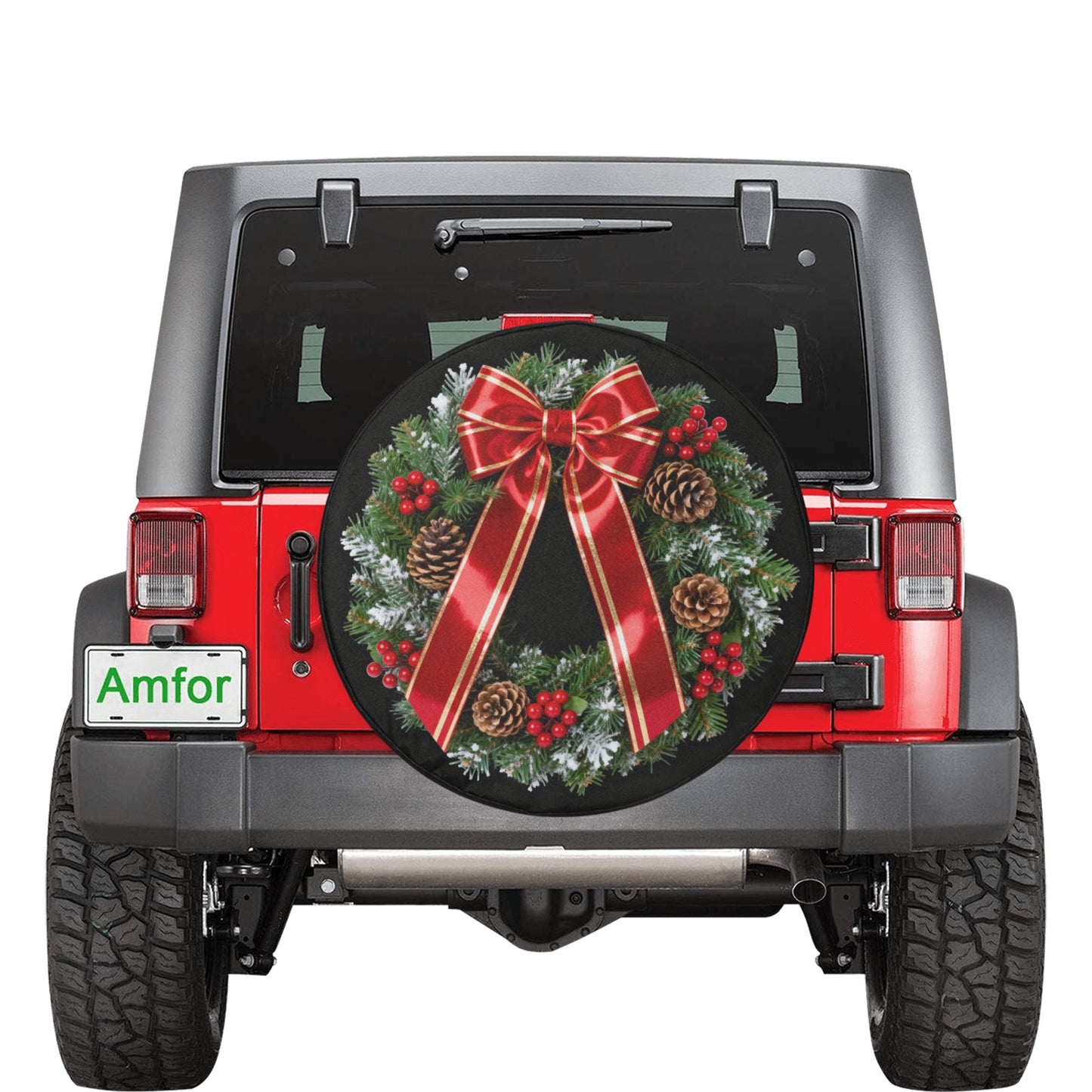 Christmas Wreath Spare Rear Tire Cover, Xmas Black Wheel Auto Back Up Camera Hole Unique Design Men Women Back RV Trailer Protector 35 Inch