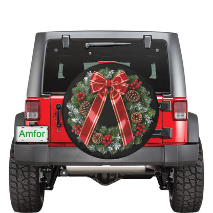 Christmas Wreath Spare Rear Tire Cover, Xmas Black Wheel Auto Back Up Camera Hole Unique Design Men Women Back RV Trailer Protector 35 Inch