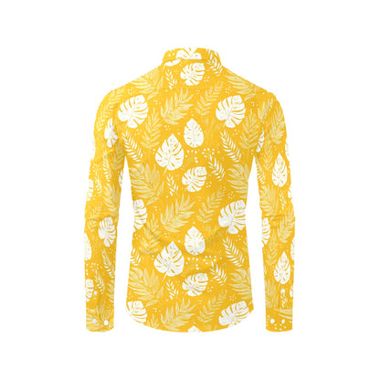 Yellow Hawaiian Leaf Long Sleeve Men Button Up Shirt, Summer Tropical Print Casual Dress Buttoned Collar Dress Male Guys Chest Pocket