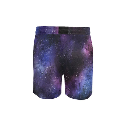 Galaxy Space Men Mid Length Shorts, Universe Purple Stars Beach Swim Trunks with Pockets & Mesh Drawstring Boys Casual Bathing Suit Summer