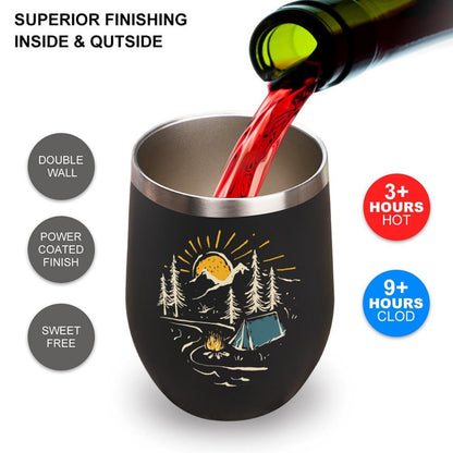 Mountain Camping Wine Tumbler with Lid, Pine Tree Sunset Goblet Mug Stemless Insulated Stainless Steel 12 oz Travel Cup Gift Idea