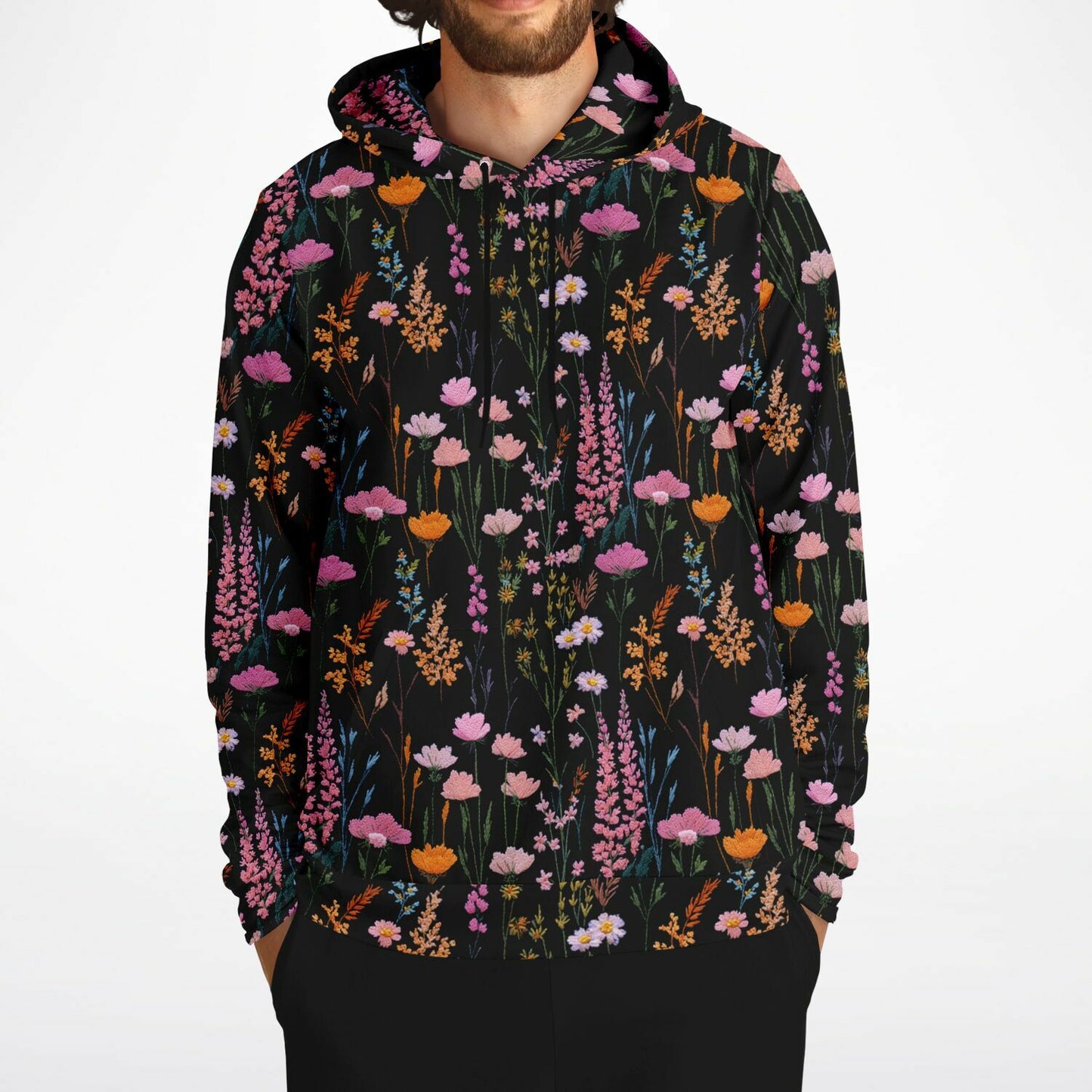 Pink Floral Hoodie, Faux Embroidery Flowers Pullover Women Men Adult Aesthetic Graphic Cotton Hooded Sweatshirt Pockets Designer Plus Size