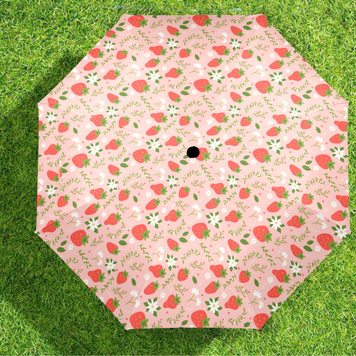 Strawberry Floral Umbrella, Flowers Pink Golf Anti-UV Semi-Automatic Sun Beach Rain Parasol Large Compact Travel Windproof Designer Luxury