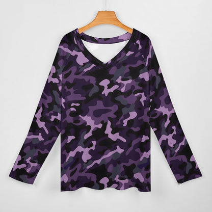 Purple Camo Women Long Sleeve Tshirt loose fit, Camouflage Relaxed V-neck Designer Graphic Aesthetic Ladies Female Tee Top Shirt Streetwear - Starcove Fashion