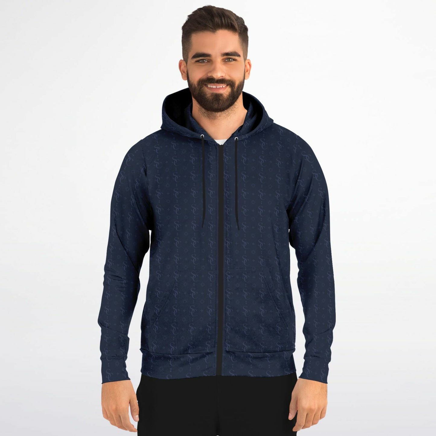 Navy Blue Zip Up Hoodie, Geometric Monogram Pattern Full Zipper Pocket Men Women Unisex Aesthetic Graphic Cotton Fleece Hooded Sweatshirt - Starcove Fashion