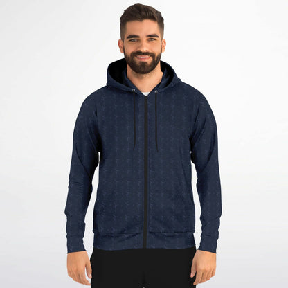 Navy Blue Zip Up Hoodie, Geometric Monogram Pattern Full Zipper Pocket Men Women Unisex Aesthetic Graphic Cotton Fleece Hooded Sweatshirt - Starcove Fashion