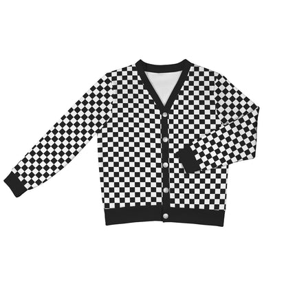 Checkered Cardigan Women, Black white Check Checkerboard Sweatshirt Sweater Long Sleeve Plus Size V Neck Lightweight Button Up Designer