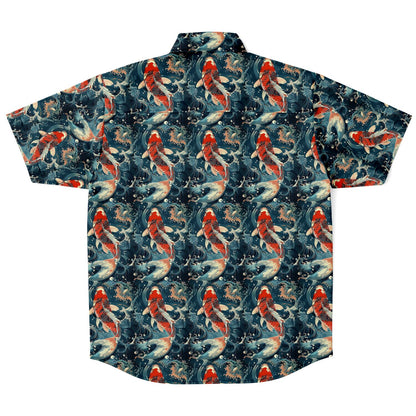 Koi Fish Men Button Up Shirt, Japanese Asian Wave Ocean Beach Short Sleeve Print Casual Buttoned Down Summer Guys Collared Designer Dress