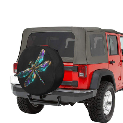 Dragonfly Spare Tire Cover, Insect Blue Purple Black Wheel Auto Back Up Camera Hole Rear Unique Design Motorhome Extra RV Trailer Camper