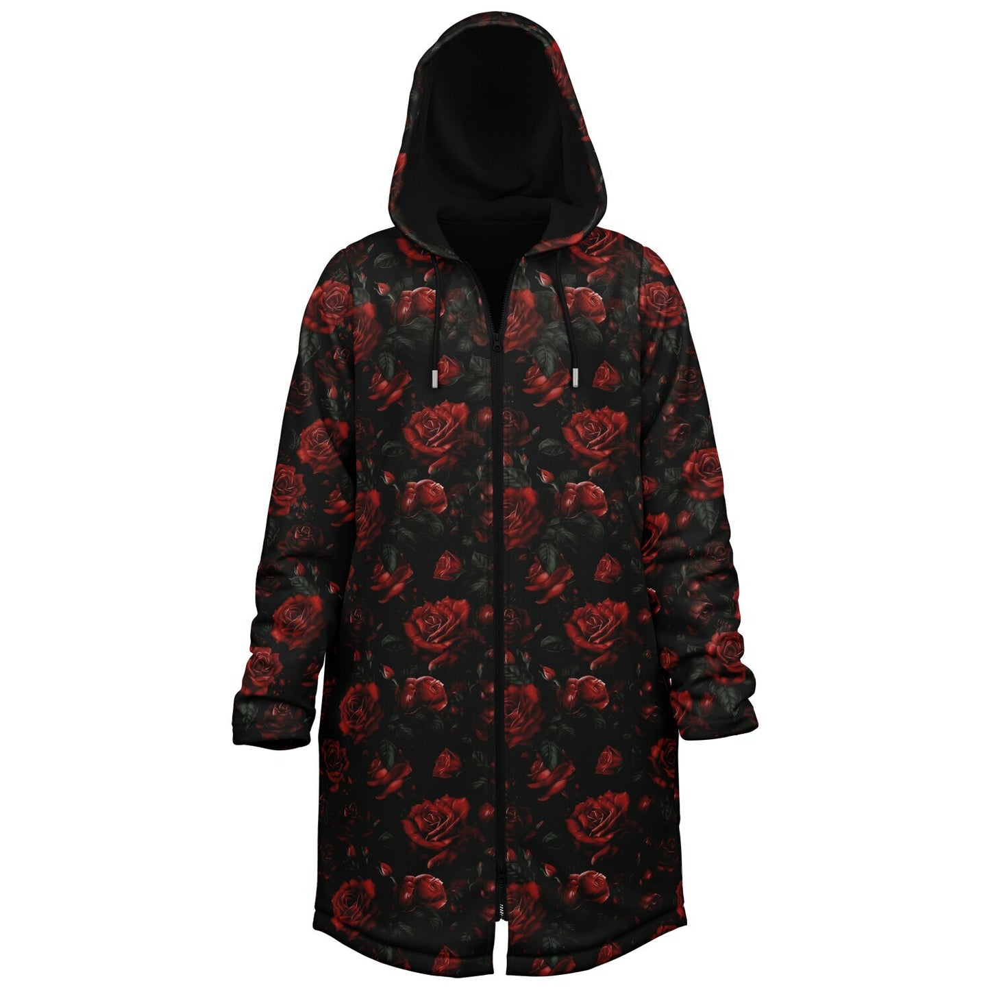 Red Roses Hooded Fleece Jacket, Black Zipper Coat Cloak Men Women Ladies Long Winter Warm Mink Hooded Parka Festival Wearable Cape Pockets