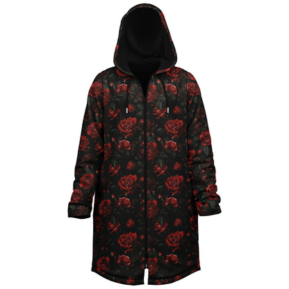 Red Roses Hooded Fleece Jacket, Black Zipper Coat Cloak Men Women Ladies Long Winter Warm Mink Hooded Parka Festival Wearable Cape Pockets
