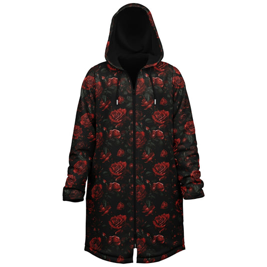 Red Roses Hooded Fleece Jacket, Black Zipper Coat Cloak Men Women Ladies Long Winter Warm Mink Hooded Parka Festival Wearable Cape Pockets