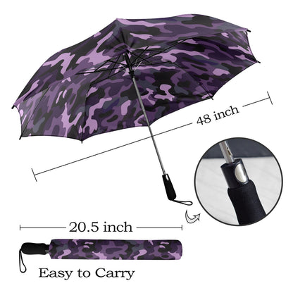Purple Camo Umbrella, Dark Camouflage Print Golf Anti-UV Semi-Automatic Sun Rain Parasol Large Compact Windproof Designer Luxury Men Women