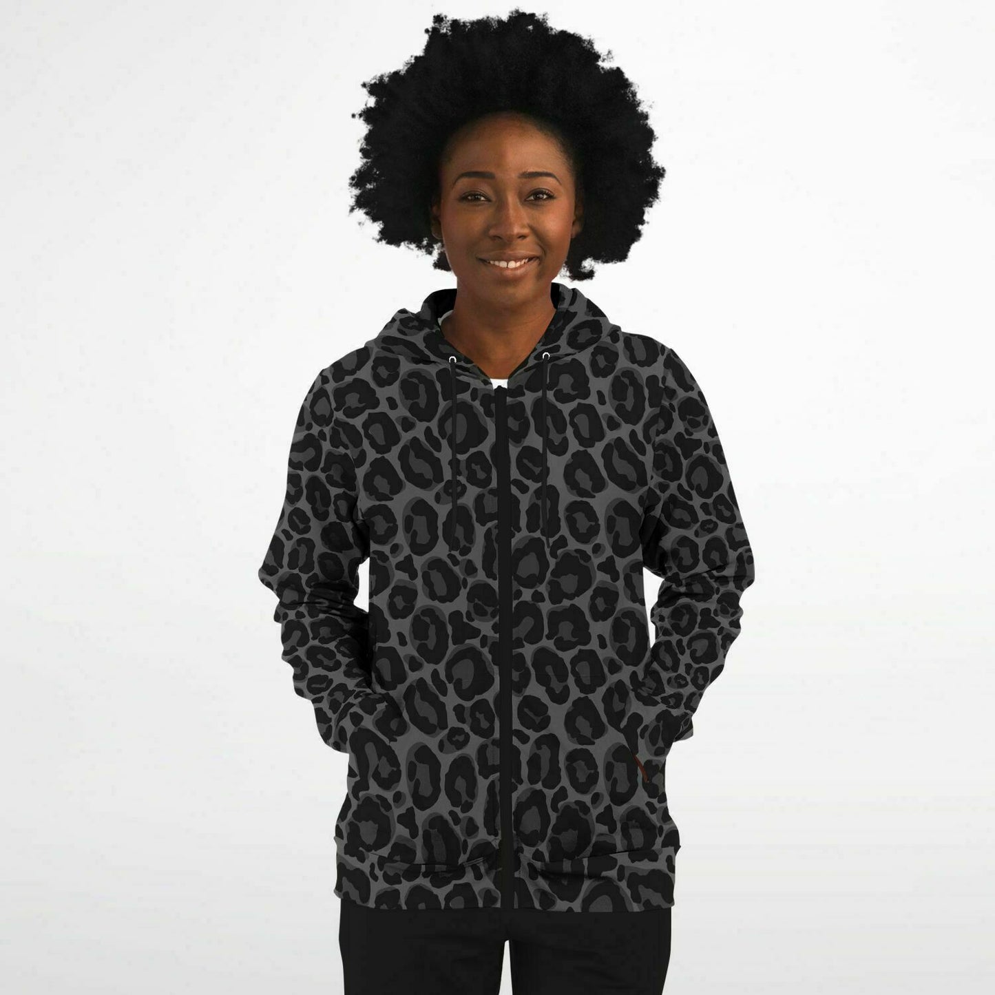 Black Leopard Zip Up Hoodie, Animal Print Cheetah Full Zipper Pocket Men Women Unisex Ladies Cool Aesthetic Cotton Fleece Hooded Sweatshirt