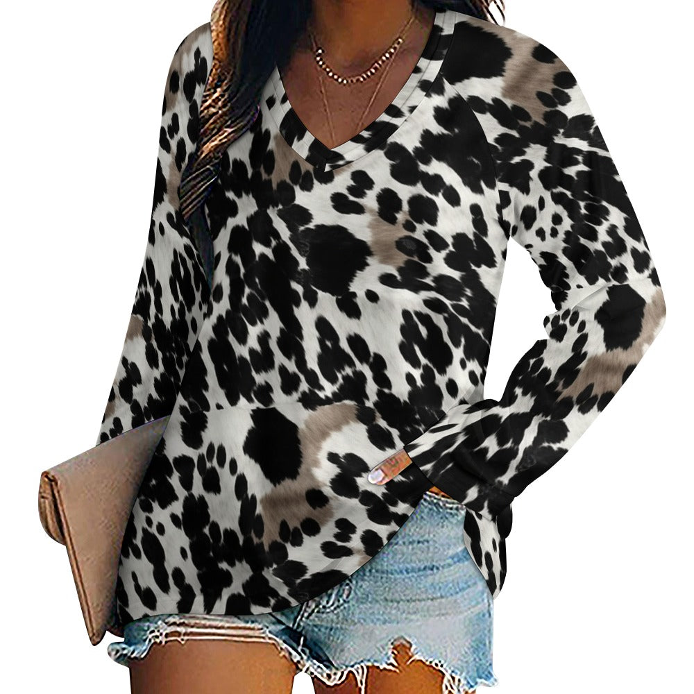 Cow Print Women Long Sleeve Tshirt loose fit, Black Brown Western Animal White Relaxed V-neck Graphic Aesthetic Ladies Female Tee Top Shirt - Starcove Fashion
