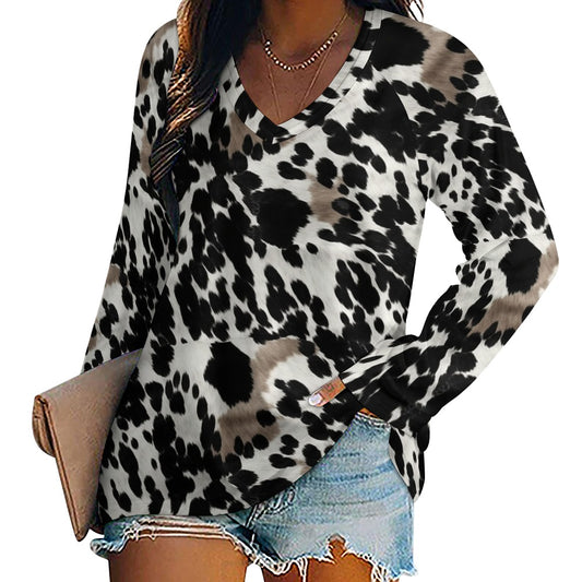Cow Print Women Long Sleeve Tshirt loose fit, Black Brown Western Animal White Relaxed V-neck Graphic Aesthetic Ladies Female Tee Top Shirt - Starcove Fashion