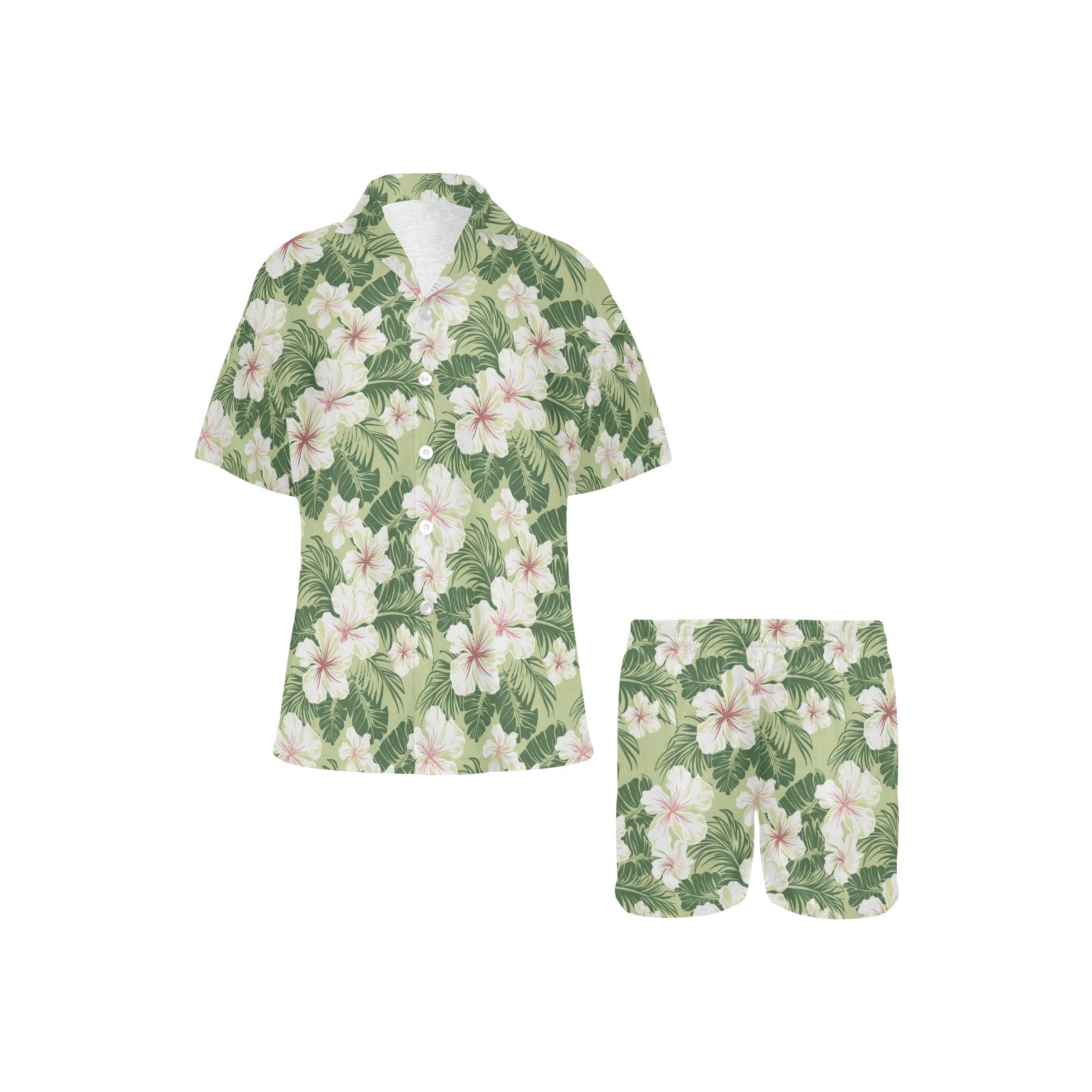 Green Floral Pajamas Set, White Flowers Botanical Sleepwear Short Sleeve Sleep Shirt Shorts Night Plus Size Summer Designer PJs Button Up - Starcove Fashion