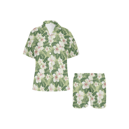 Green Floral Pajamas Set, White Flowers Botanical Sleepwear Short Sleeve Sleep Shirt Shorts Night Plus Size Summer Designer PJs Button Up - Starcove Fashion