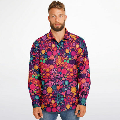 Psychedelic Long Sleeve Men Button Up Shirt, Funky Red Colorful Fun Retro Vibrant Dot Art Guys Male Print Buttoned Down Collared Casual Dress Plus Size