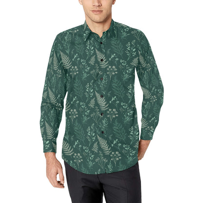 Dark Green Long Sleeve Men Button Up Shirt, Forest Fern Leaf Nature Outdoor Print Casual Dress Buttoned Collar Chest Pocket Lightweight Male 5XL