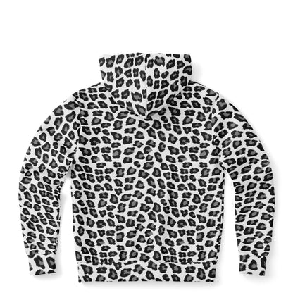 Snow Leopard Zip Up Hoodie, Black White Animal Print Full Zipper Pocket Men Women Unisex Adult Graphic Cotton Fleece Hooded Sweatshirt