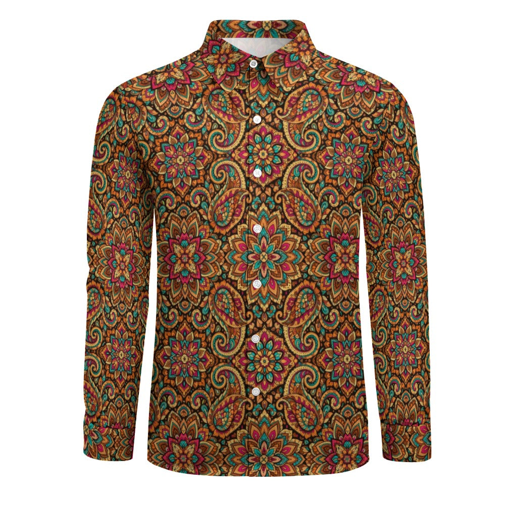 Mandala Paisley Long Sleeve Men Button Up Shirt, Retro Vintage Guys Male Print Buttoned Down Collared Casual Dress Plus Size Chest Pocket