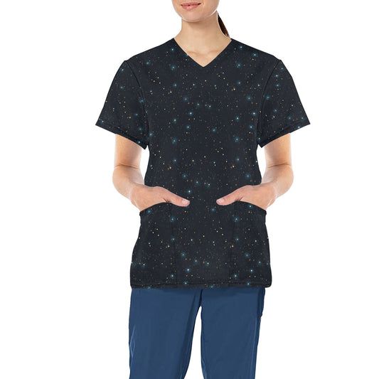 Constellation Medical Scrubs Top Women, Stars Space Galaxy Ladies Female Plus Size Nursing Nurse Vet Veterinary Assistant Uniform Pockets
