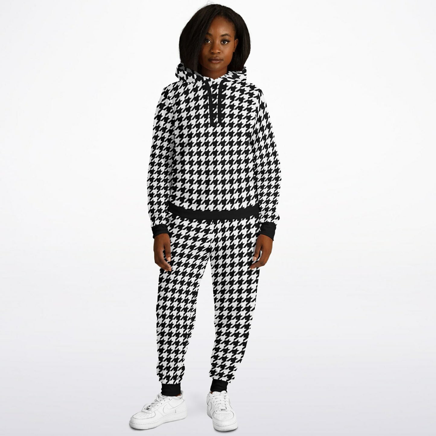 Houndstooth Hoodie Jogger Sweatsuit Set, Black White Lounge Hooded Sweatshirt Sweatpants Women Men Cotton Matching Plus Size Sweats