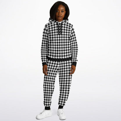 Houndstooth Hoodie Jogger Sweatsuit Set, Black White Lounge Hooded Sweatshirt Sweatpants Women Men Cotton Matching Plus Size Sweats
