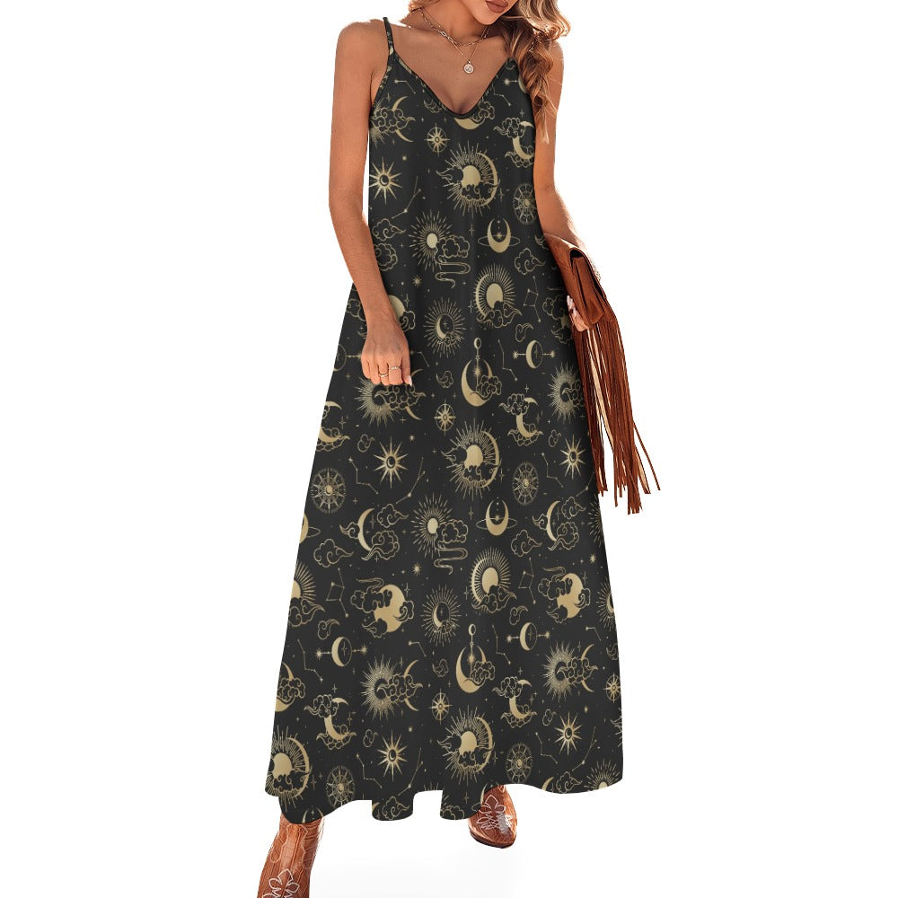 Sun Moon Maxi Dress, Space Constellation Stars Long Spaghetti Straps Flowy Women Sleeveless Designer Plus Size Cocktail Party Summer