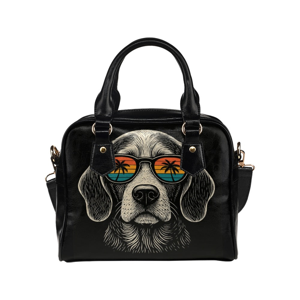 Beagle Dog Purse, Sunglasses Palm Tree Beach Puppy Cute Small Shoulder Bag Vegan Leather Women Designer Handbag Crossbody Ladies