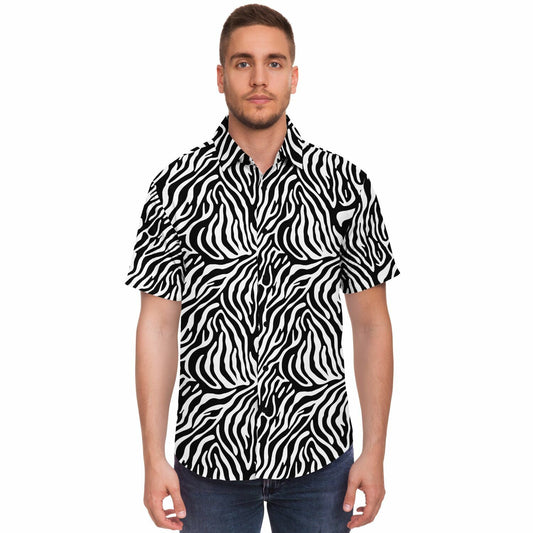 Zebra Men Button Up Shirt, Animal Stripe black White Short Sleeve Print Casual Buttoned Down Summer Male Guys Collared Designer Dress