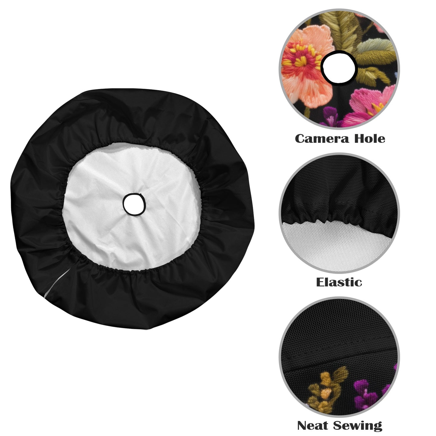 Pink Blue Flowers Spare Tire Cover, Purple Coral Floral Faux Embroidery Printed Floral Wheel Unique Backup Camera Hole Trailer Back Women RV