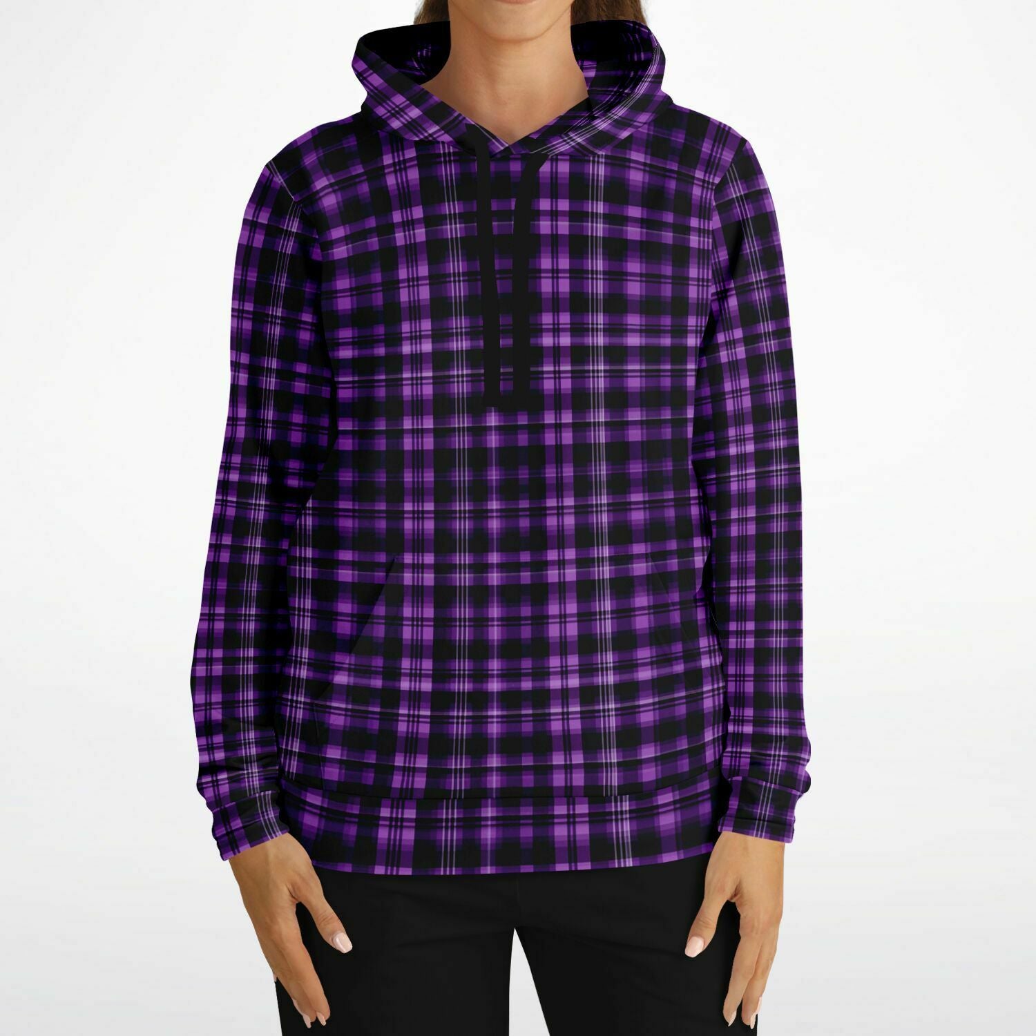 Black and Purple Plaid Hoodie, Tartan Check Pullover Men Women Adult Aesthetic Graphic Cotton Hooded Sweatshirt with Pockets Starcove Fashion