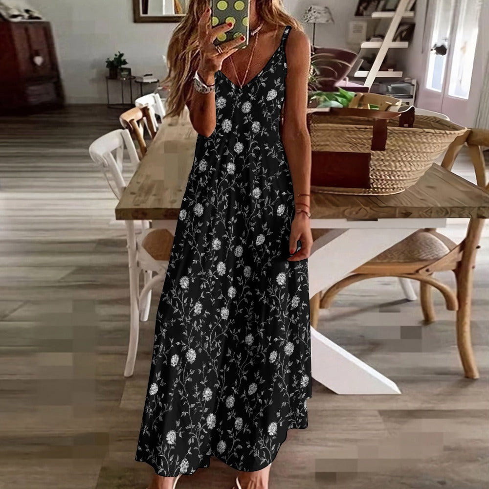 Black Floral Maxi Dress, White Flowers Long Spaghetti Straps Flowy Women Sleeveless Casual Cute Designer Elegant Plus Size Cocktail Party