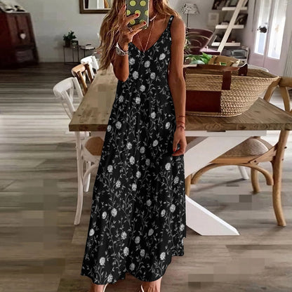 Black Floral Maxi Dress, White Flowers Long Spaghetti Straps Flowy Women Sleeveless Casual Cute Designer Elegant Plus Size Cocktail Party