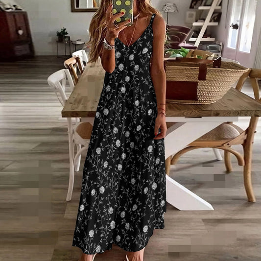 Black Floral Maxi Dress, White Flowers Long Spaghetti Straps Flowy Women Sleeveless Casual Cute Designer Elegant Plus Size Cocktail Party