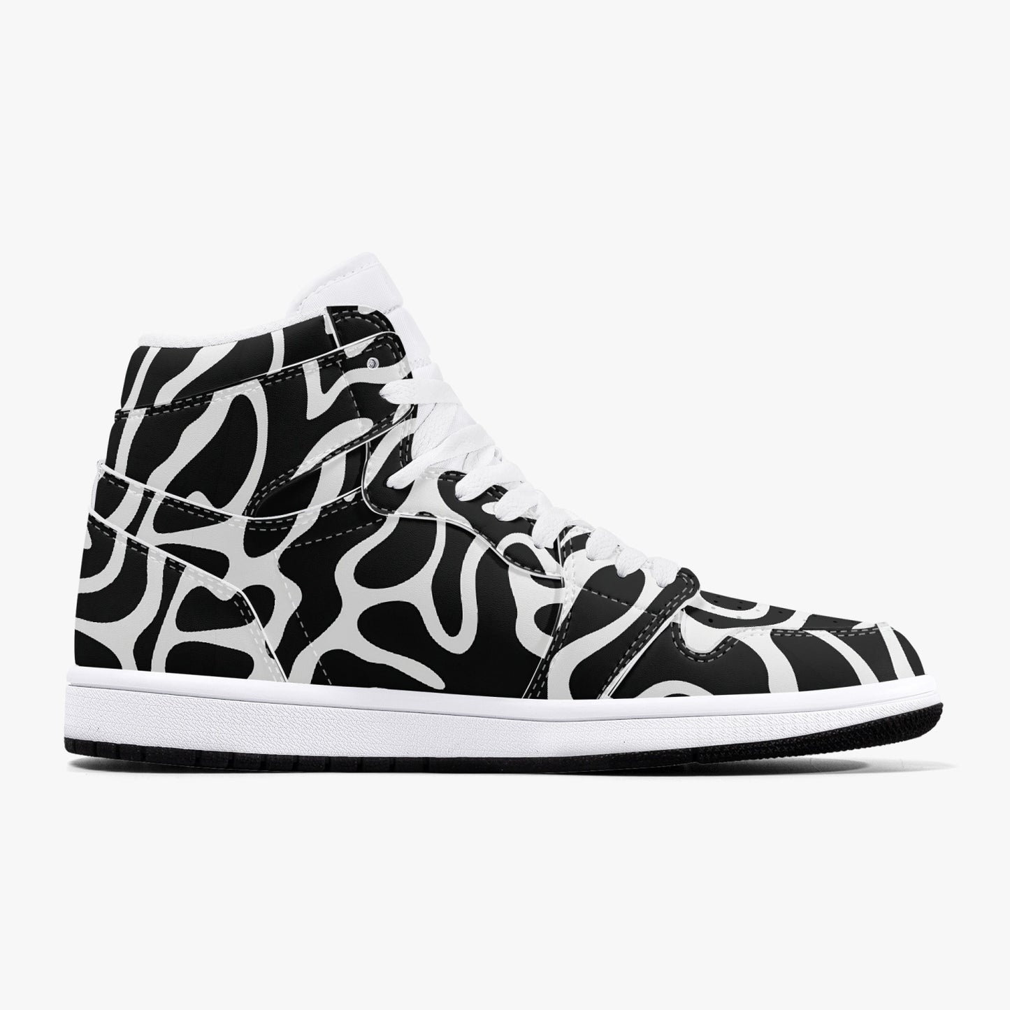 Black White High Top Leather Shoes Sneakers, Men Women Abstract Animal Print Lace Up Footwear Rave Streetwear Designer Gift Kids Starcove Fashion
