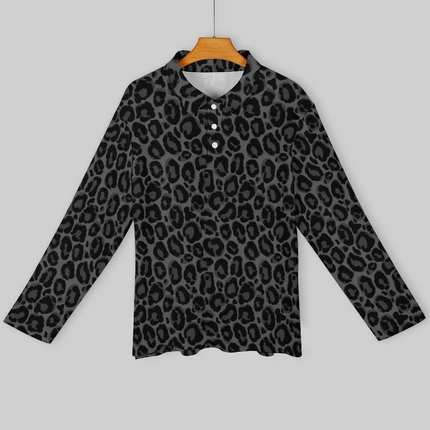 Black Leopard Men Long Sleeve Polo Shirt, Animal Print Grey Slim Fit Sleeve Collared Casual Buttoned Down Up Sports Golf Tee Top Plus Size