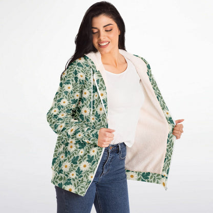 Daisy Zip Up Fleece Lined Hoodie, Floral Green Flowers Sherpa Heavyweight Full Zipper Pocket Men Women Unisex Hooded Sweatshirt Jacket