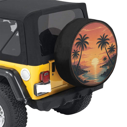 Beach Spare Tire Cover, Palm Trees Sunset Island Backup Camera Hole Rear Wheel Accessories Sun Tropical  Unique Trailer Camper RV Back Car