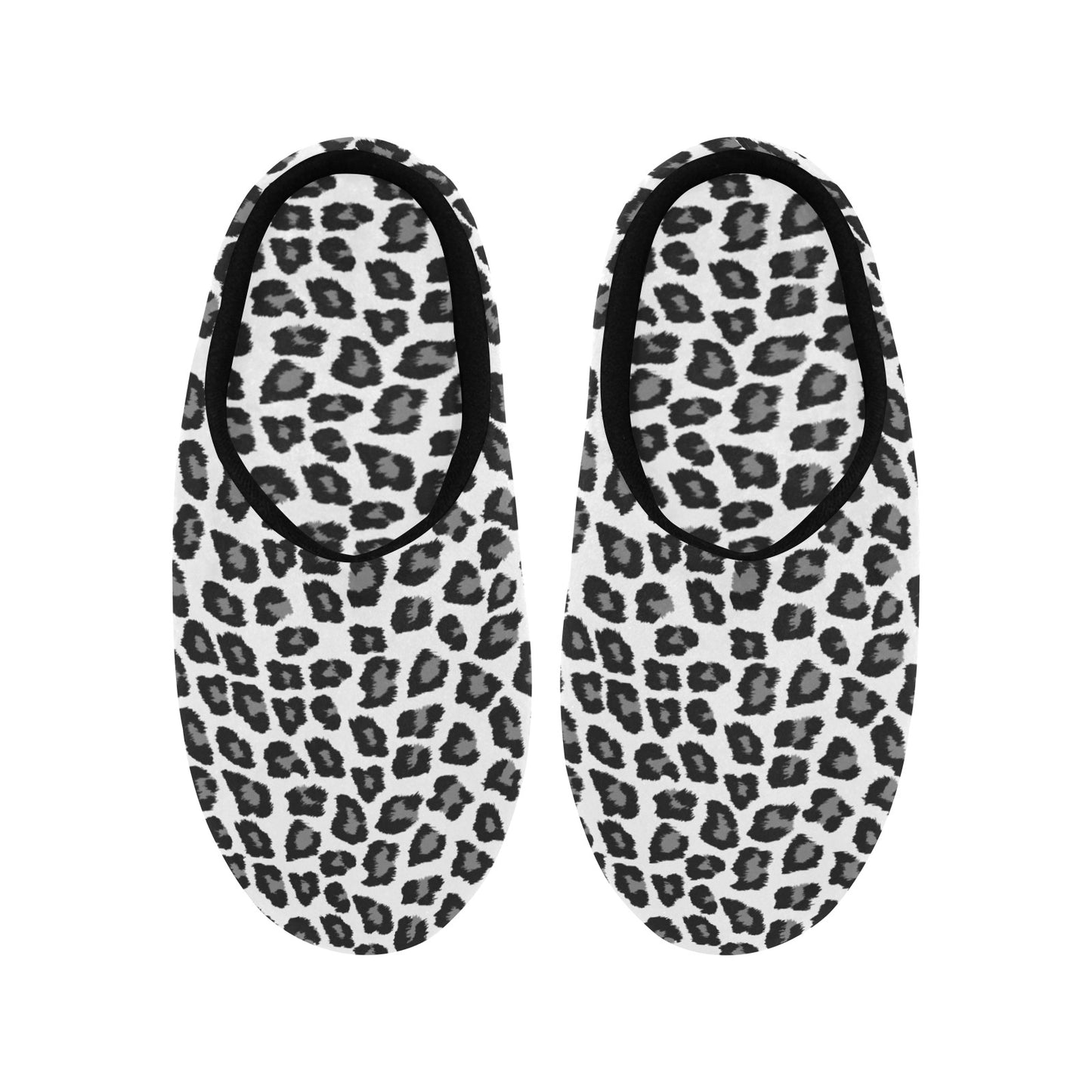 Snow Leopard Women's Slippers, White Black Animal Print Ladies House Slide Handmade Bedroom Warm Winter Cozy Designer Slip On Cotton Shoes