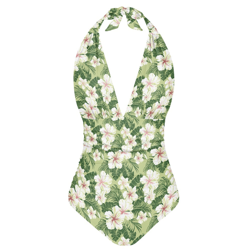 One-piece swimsuit with floral pattern on a white background