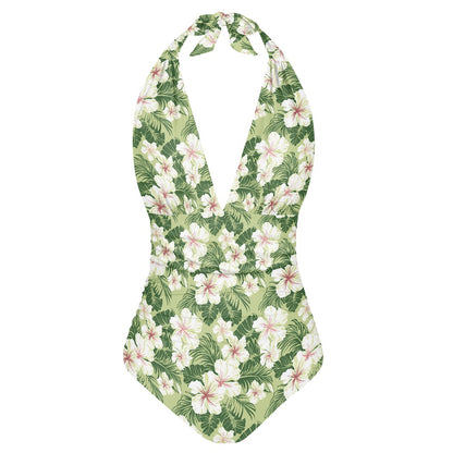 One-piece swimsuit with floral pattern on a white background