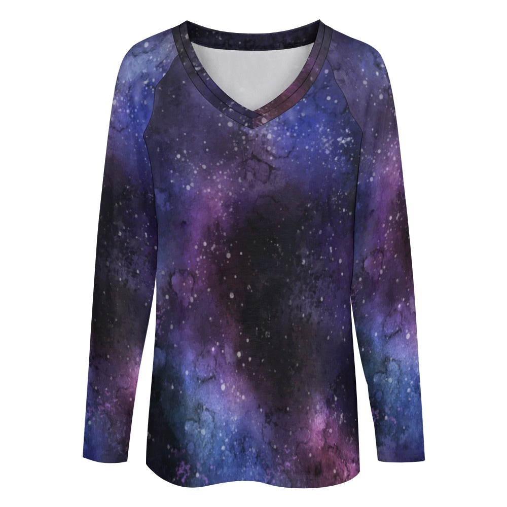 Galaxy Space Women Long Sleeve Tshirt loose fit, Stars Purple Universe Relaxed V-neck Designer Aesthetic Ladies Female Tee Top Shirt
