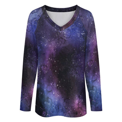 Galaxy Space Women Long Sleeve Tshirt loose fit, Stars Purple Universe Relaxed V-neck Designer Aesthetic Ladies Female Tee Top Shirt