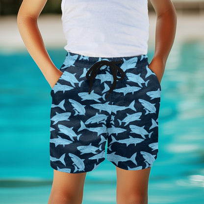 Shark Boys Beach Shorts (4-11Y), Navy Blue Quick Dry Kids Drawstring Casual Shorts Pockets Children Youth - Starcove Fashion